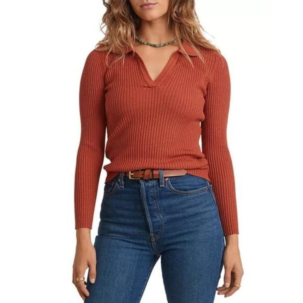 Marine Layer Lexi Polo Sweater Ribbed Knit Rust Brown Orange Long Sleeve Size XS